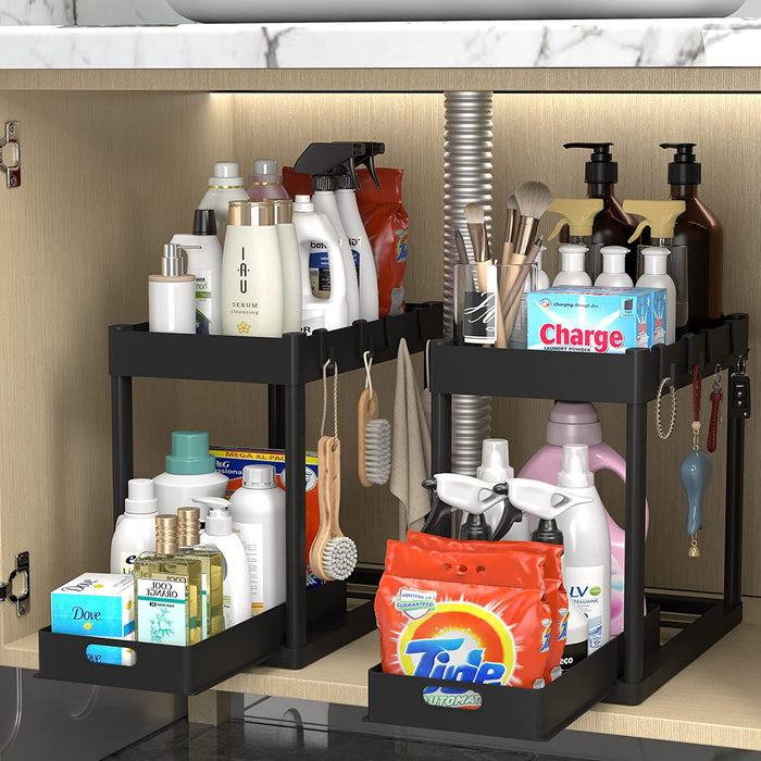 2 Tier Under Sink Sliding Organizer with 4 Hooks - 2 pc